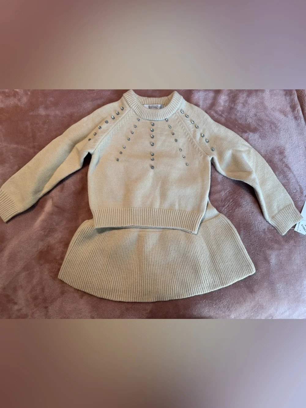 NWT Badgley Mischka Sweater Skirt and Embellished Sweater Set, Cream, Size 5